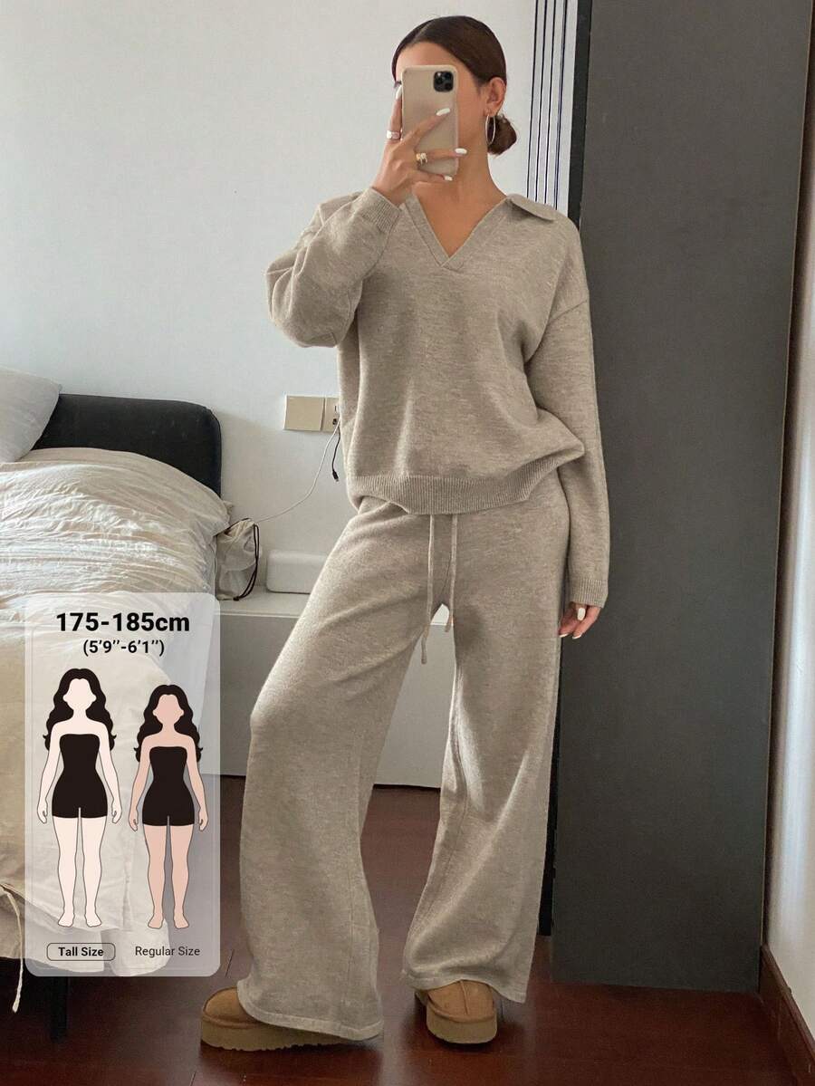 Livesso Tall Setelan Kasual 2 Potong Wanita: Sweater Pullover Longgar dan Celana Panjang Lurus, Warna Beige, Cocok untuk Musim Gugur dan Santai. - Khaki - View 1