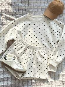 SHEIN Tween Girls Autumn Outfits 2pcs/Set Off-White Polka Dot Print Sweatshirt Mini Set, Loose Round Neck Sweatshirt + Shorts School Student Cute - Beige - View 4