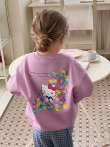 HELLO KITTY | DAZY بلوزة رياضية بنمط قطة KT لطيفة، بياقة دائرية وأكمام طويلة وقصة فضفاضة للفتيات الصغيرات، مناسبة للخريف - وردي - مشاهدة 3