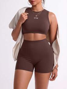 SHEIN Unity Women's Plus-Size Athletic Set: Coffee-Colored Tank Top And Shorts With Letter Print-Yoga & Fitness - Coffee Brown - View 5
