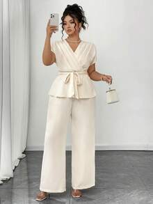Elenzga Plus Size Simple V-Neck Pleated Tie Tank Top And Loose Wide Leg Pants Set - Apricot - View 6