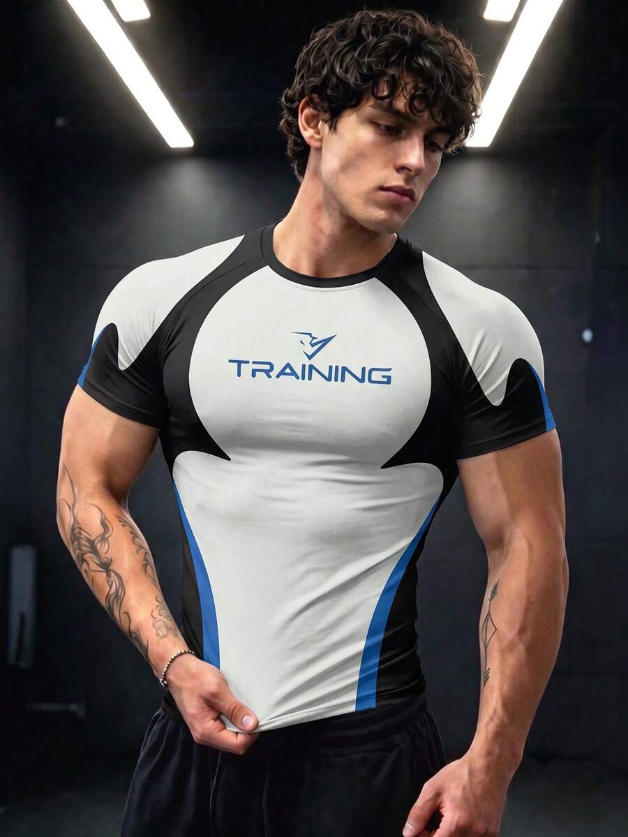 GymBeat Men's Letter Print Contrast Color Short Sleeve Sports T-Shirt - Multicolor - View 1