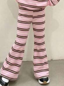 女童休閒極簡可愛粉色與棕色條紋拼色圓領衛衣與喇叭褲套裝，粉色亮面數位印花圖案，秋冬設計，百搭基礎戶外穿著，休閒舒適柔軟圓領短袖T恤與短褲兩件套，適合秋冬 - 彩色 - 查看 6