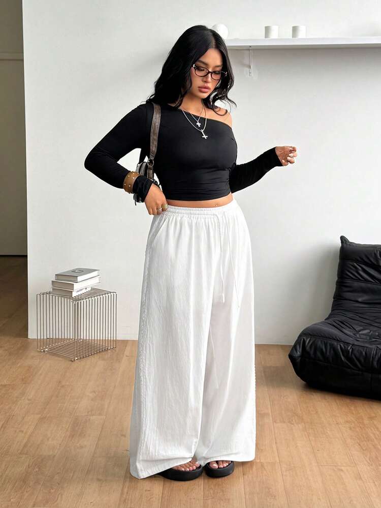 Coolane Pantalones de pierna ancha de talla grande para mujer, unicolor, cintura con cordón, casual, versátil, para uso diario - Blanco - Añade 5