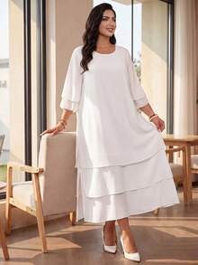 Auveirra Plus Size Women Solid Color Round Neck Casual Elegant Daily Autumn Dress Wedding Formal Tea Party Dinner White Fall - White - View 5