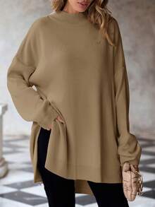 EURMUSE Plus Size Plain Color Side Slit Knitted Sweater, Casual For Autumn/Winter - Brown - View 6