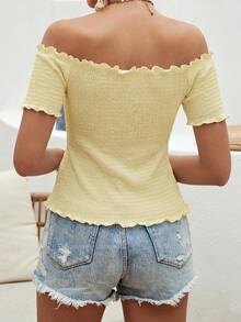 SHEIN VCAY Camiseta de mujer para vacaciones de unicolor con volantes, hombros descubiertos y manga corta - Albaricoque - Ver 2
