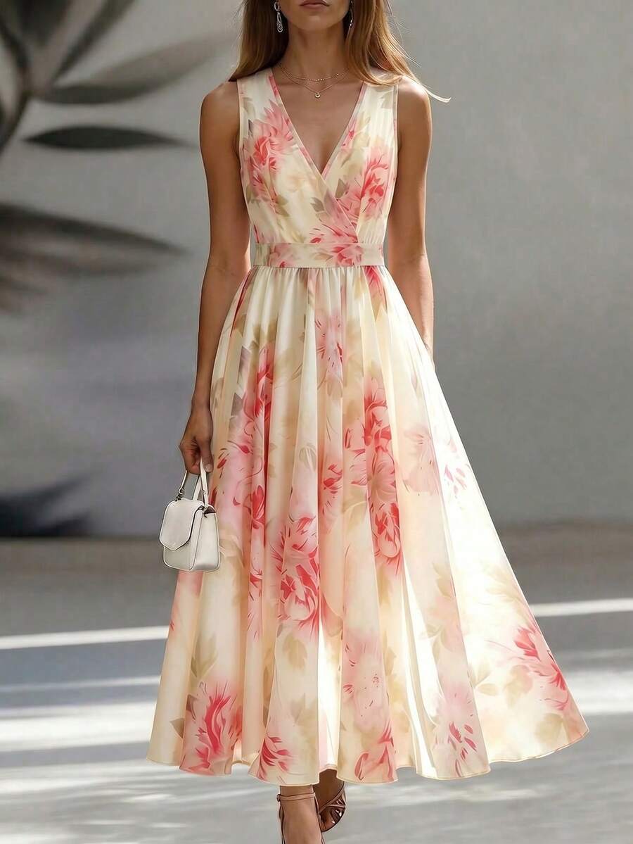 Franclia Elegantes Damen Sommerkleid mit Blumenmuster in A-Linie, elastisches Taillendesign, langes Rosen-Blumenkleid, V-Ausschnitt ärmelloses Blumenkleid, langes Blumenkleid, geeignet für den Sommer, elegant und vielseitig, geeignet für Urlaub, Arbeit und andere Anlässe, rosa Blumenkleid, fließendes Blumenkleid, Blumen-Ballkleid - Verschiedenfarbig - Übersicht 1