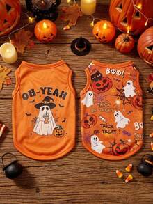 2pcs Pet Cat Dog Universal Halloween Orange Ghost Funny Cartoon Pattern Print Fashionable Breathable Comfortable Dog Vest, PETSIN Original Design - Multicolor - View 1
