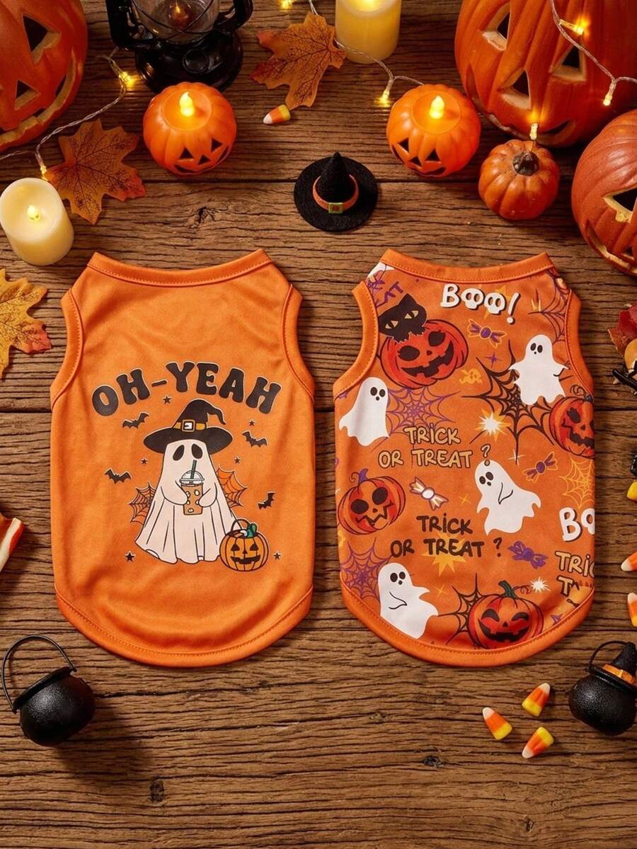 2pcs Pet Cat Dog Universal Halloween Orange Ghost Funny Cartoon Pattern Print Fashionable Breathable Comfortable Dog Vest, PETSIN Original Design - Multicolor - View 1