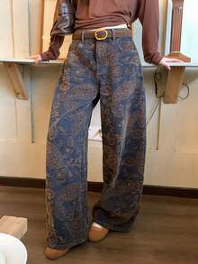 DAZY Women's Textured Fabric Loose Straight Leg Jeans With Paisley Flower Decoration Fall - Blue - View 9