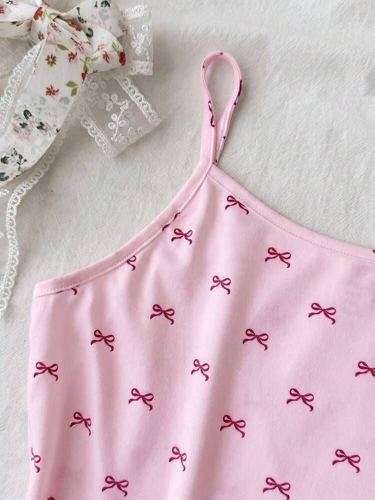 SHEIN طقم ملابس منزلية للبنات المراهقات يتكون من كاميسول وشورت بنمط فيونكة محبوك - وردي - مشاهدة 8