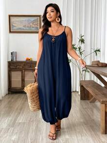 Weeklong Casual Textured Loose Gathered Jumpsuit - Navy Blue - View 7