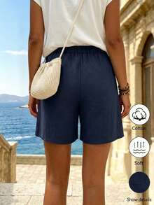 EMERY ROSE Women's Solid Color Waist Tie Pocket Loose Casual Shorts Beach Navy Blue Summer - Navy Blue - View 2