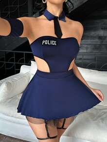 Fantasy Costume Fantasy Costume 4件套奇幻服装/角色扮演制服网纱拼接领带、丁字裤、袖口性感内衣套装（女士款） - 藏蓝色 - 查看 3