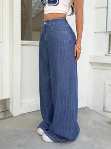 Rivivi Casual Streetwear Washed Wide Leg Denim Jeans School Blue And White Striped Summer - Dark Wash - View 7