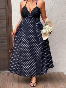 Sunnyshic Robe longue bleu marine à pois avec patchwork de dentelle, col en V, dos nu, nouée dans le dos, coupe trapèze, pour femmes, été, élégante, bohème, douce, mignonne, vacances, plage - Bleu marine - Voir 6