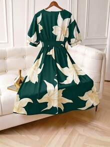 GlowEve CURVE Summer Elegant Floral Print Short Sleeve Dress - Dark Green - View 2