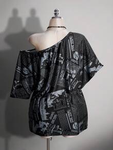 SHEIN ICON 女款大尺碼復古70年代Grunge千禧風Y2K休閒街頭露肩拼接報紙圖案黑白寬鬆T恤夏季 - 彩色 - 查看 2