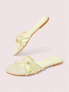 CUCCOO DOLLMOD Sandalias planas cómodas de color amarillo claro para mujer, zapatos de primavera con decoración de lazo de estilo dulce - Amarillo claro - Ver 3