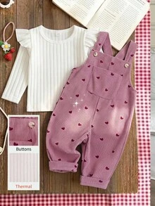 SHEIN Vintaside Kids 女嬰燈芯絨吊帶褲套裝，秋冬加厚保暖愛心刺繡吊帶褲 + 保暖刷毛針織內搭層，2件套，新款可愛女嬰服飾 - 粉色 - 查看 2