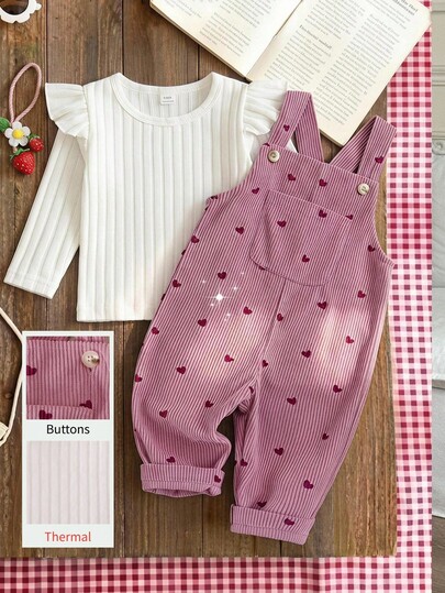 SHEIN Vintaside Kids Baby Girl Corduroy Overalls Set, Autumn/Winter Thickened Warm Heart Embroidery Overalls + Warm Brushed Knit Base Layer, 2 Pieces Set, New Cute Baby Girl Clothing