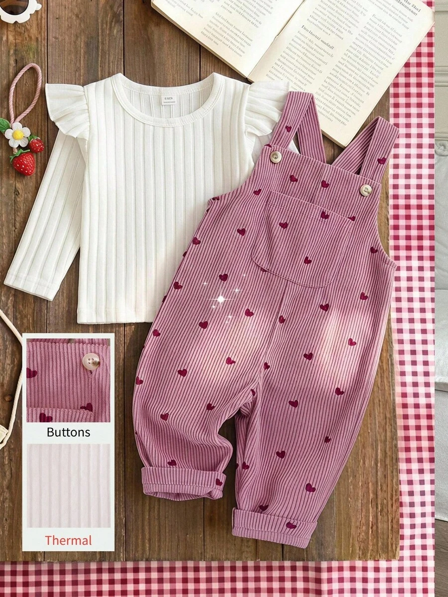 SHEIN Vintaside Kids 女嬰燈芯絨吊帶褲套裝，秋冬加厚保暖愛心刺繡吊帶褲 + 保暖刷毛針織內搭層，2件套，新款可愛女嬰服飾