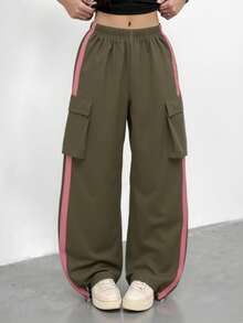 SHEIN 青少年女孩拼色鬆緊腰寬鬆工裝褲 - 軍綠色 - 查看 6