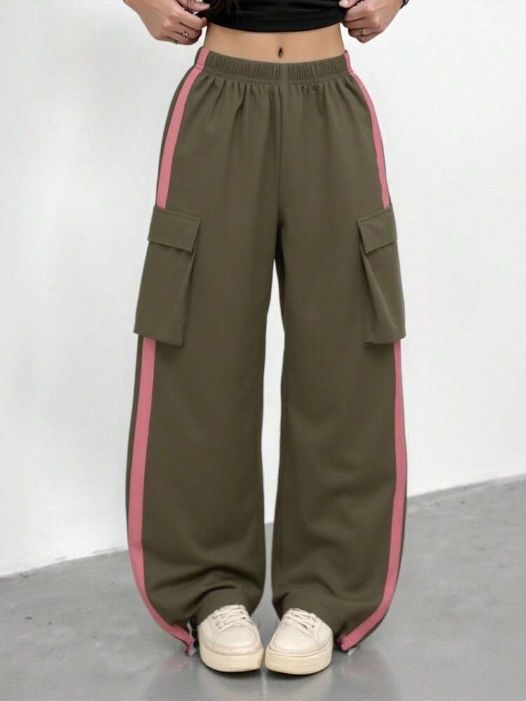 SHEIN Tween Girl Colorblock Elastic Waist Loose Cargo Pants - Army Green - View 6