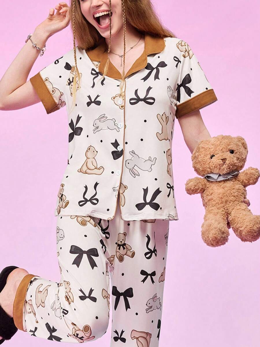 Notgurli 女款翻領飾邊家居服套裝 - 彩色 - 查看 1