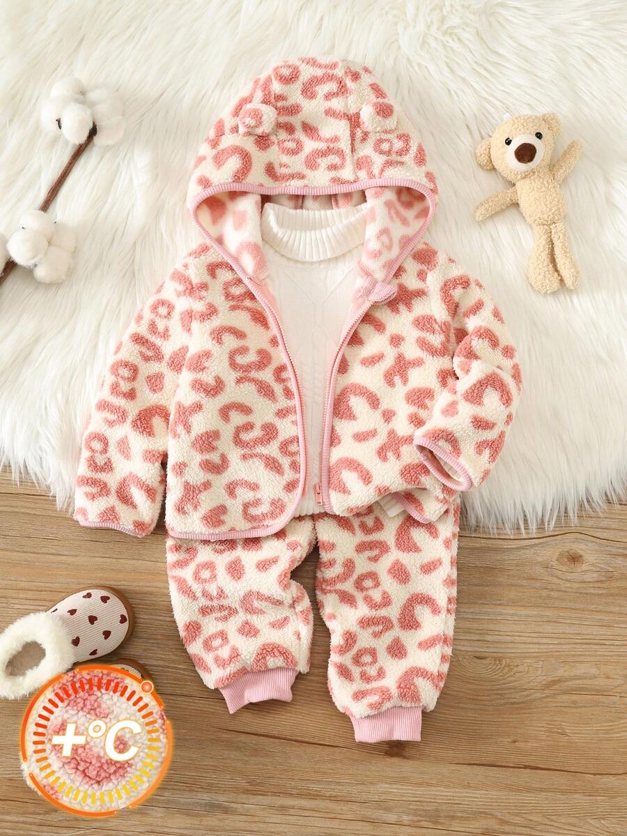 SHEIN 2pcs/Set Baby Girl Autumn/Winter Cute Leopard Print Hooded Jacket & Pants Set, Jacket Set, Cute Outfit - Multicolor - View 1