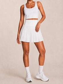 SHEIN BAE Movishi High Stretch Women's White Pleated Knitted Mini Skirt: Casual And Style With Built-In Shorts For Comfort,Built-In Shorts,Summer Skort Sports - White - View 6