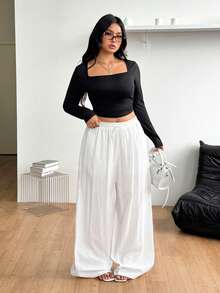 Coolane Plus Size Sweet Lace Patchwork Drawstring Waist Loose Wide Leg Long Pants - White - View 7