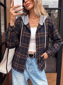 SHEIN LUNE Contrast Hooded Tartan Coat In Fall/Winter,Casual - Multicolor - View 6