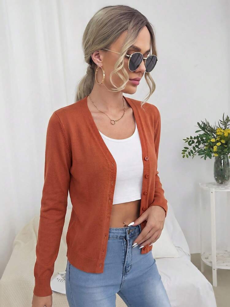 Easowa Cardigan de punto casual de manga larga de un solo pecho de unicolor para mujer - Color caoba - Añade 3