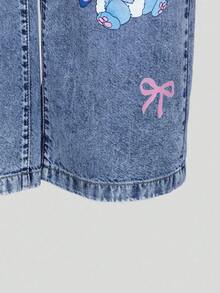 Tween Girls Denim Jeans,Blue Autumn Cute School Casual Rabbit Print,Loose Wide Leg,Comfortable Cotton,Daily Wear,Commute,Available In All Seasons - Blue - View 3