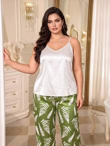 SHEIN Plus Size Satin Camisole + Fresh Botanical Print Pajama Pants 2 Pieces Set - Green - View 6