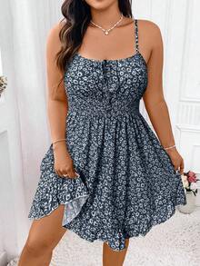Elenzga Plus Ditsy Floral Print Tie Front Ruffle Hem Cami Dress Vacation Beach Outfits Women - Navy Blue - View 1