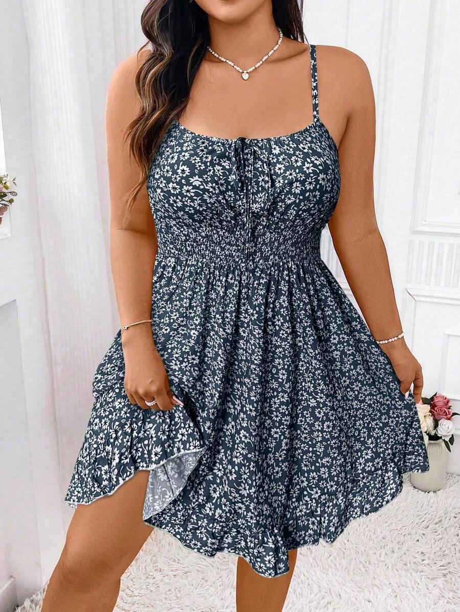 Elenzga Plus Ditsy Floral Print Tie Front Ruffle Hem Cami Dress Vacation Beach Outfits Women - Navy Blue - View 1