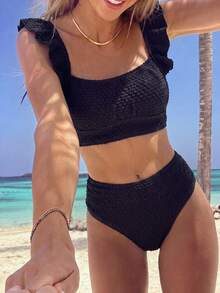 Swim Chiccia 2-Piece Women's Summer Beach Elegant Vacation Textured Solid Color Ruffle Strap Ruched Bust Top And High-Waist Ruched Front Triangle Bikini Set - Black - View 5