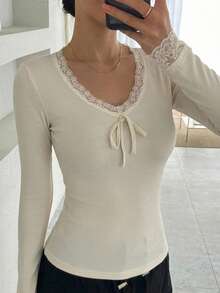 DAZY Women's V-Neck Lace Patchwork Slim Fit Base Layer Top - Apricot - View 2