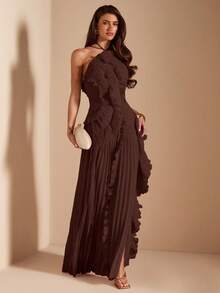 SHEIN BAE 女士粉色露背褶皱高开衩连衣裙，适合婚礼宾客、情人节、春夏穿着 - 咖啡棕 - 查看 1