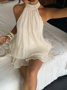 Aloruh 女款優雅淡黃色掛脖綁帶迷你洋裝 - 杏色 - 查看 6