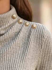 SHEIN Women's Elegant French Chic Vertical Rib Blouse Twist Mock Neck Decor Buttons Slim Fit Layering Tee - Apricot - View 6