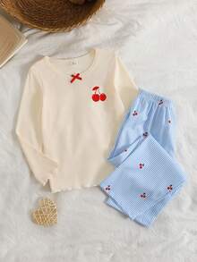 SHEIN Genkimix Kids 女童櫻桃圖案蝴蝶結裝飾長袖上衣與長褲休閒居家睡衣套裝 - 淺藍色 - 查看 4