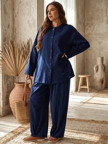 EMERY ROSE Plus Size Women Solid Color Single-Breasted Long Sleeve Top And Pants Casual Elegant Everyday 2 Pieces Set Autumn Outfit Navy Blue Fall Lounge Formal - Navy Blue - View 3