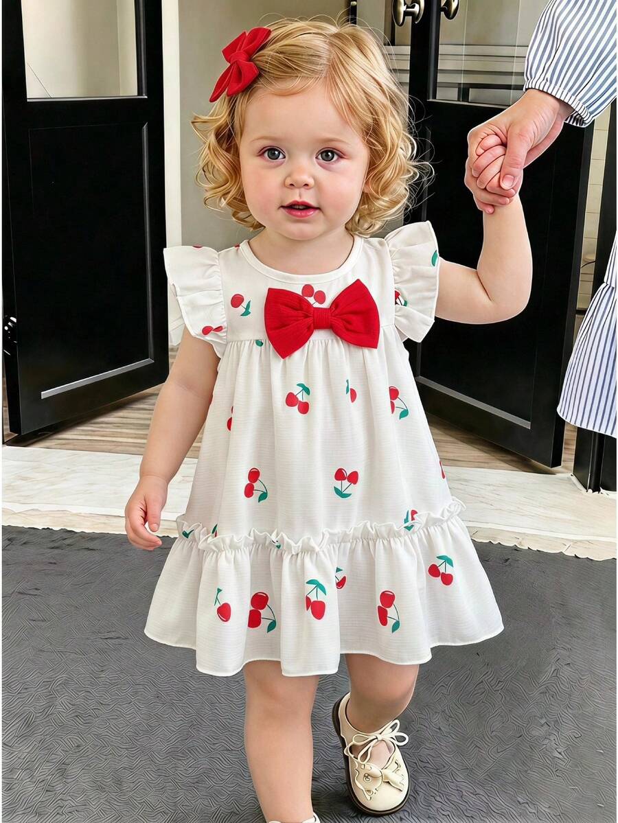 SHEIN Vintaside Kids 女嬰夏季波點洋裝 黑白圓點+胸前蝴蝶結裝飾+喇叭袖 柔軟可愛