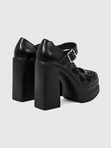 Sugerpunk 女款時尚性感厚底高跟鞋，龐克哥德風銀色扣環設計，花朵蝴蝶結刺繡，適合春夏秋夜店派對節慶女鞋 - 黑色 - 查看 6
