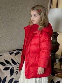 Hapijoa Young Girl Solid Color Raglan Long Sleeve Casual Hooded Winter Jacket - Red - View 1