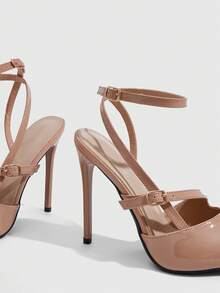 CUCCOO SZL Zapatos de tacón alto de mujer con punta de aguja, correa de tobillo color albaricoque, diseño abierto, de moda, sexy, para fiesta, banquete, discoteca, tacón súper alto, zapatos de mujer abiertos - Albaricoque 460 # @! - Ver 5